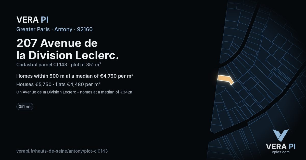 207 Avenue de la Division Leclerc, Antony at night – the plot lit, the parcels around coloured by the prices near them