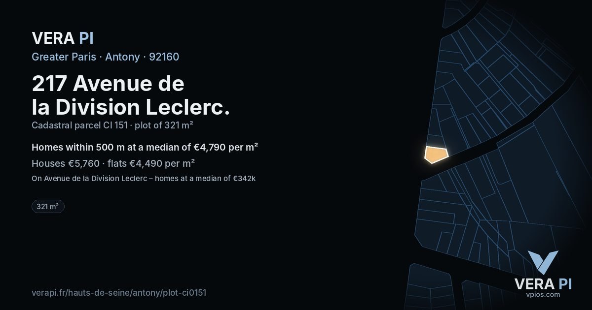 217 Avenue de la Division Leclerc, Antony at night – the plot lit, the parcels around coloured by the prices near them