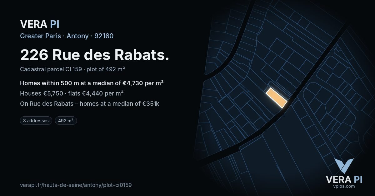 226 Rue des Rabats, Antony at night – the plot lit, the parcels around coloured by the prices near them