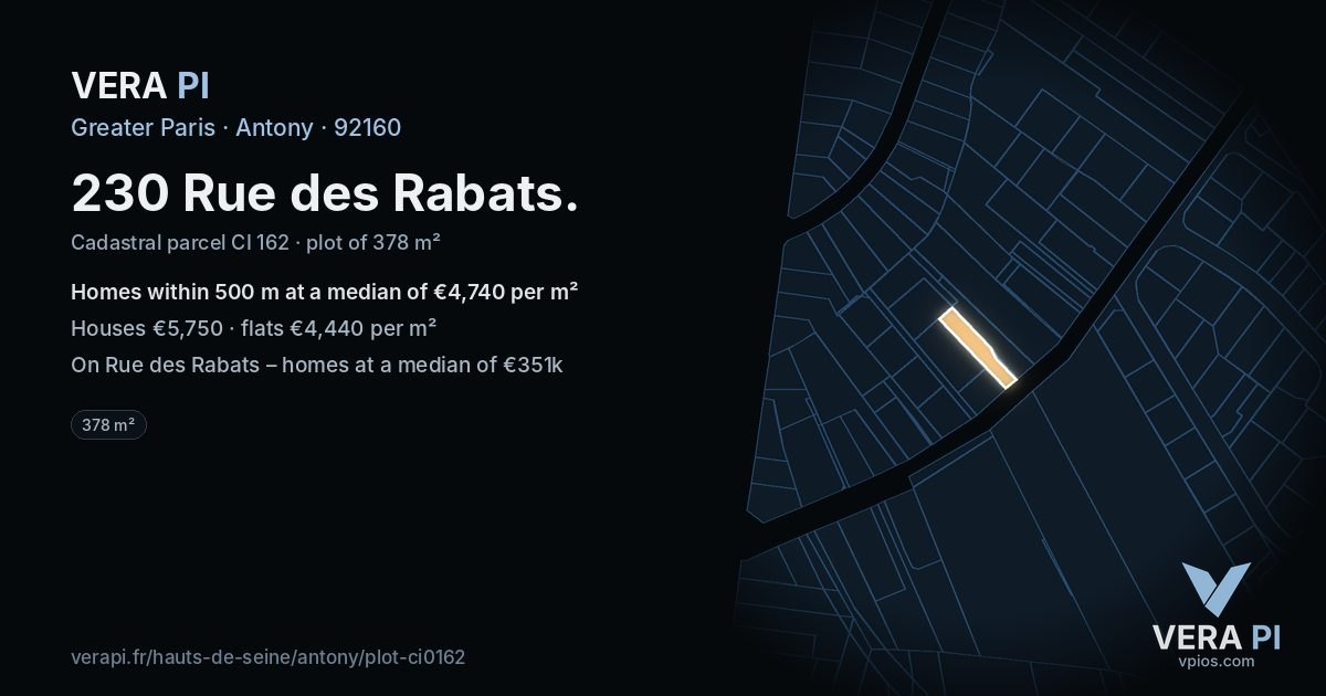 230 Rue des Rabats, Antony at night – the plot lit, the parcels around coloured by the prices near them
