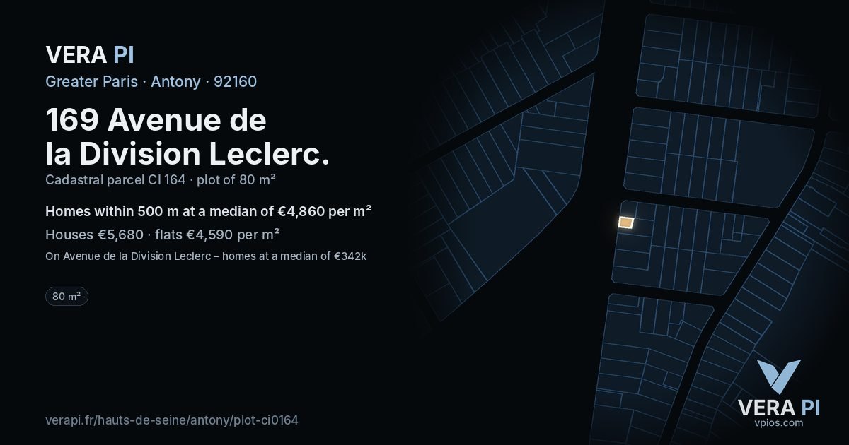 169 Avenue de la Division Leclerc, Antony at night – the plot lit, the parcels around coloured by the prices near them