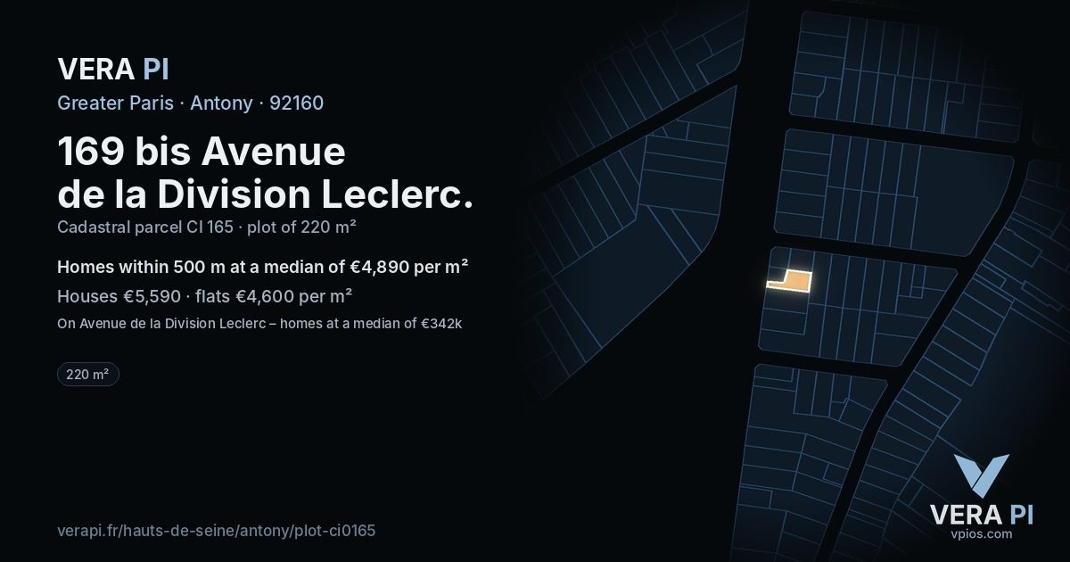 169 bis Avenue de la Division Leclerc, Antony at night – the plot lit, the parcels around coloured by the prices near them