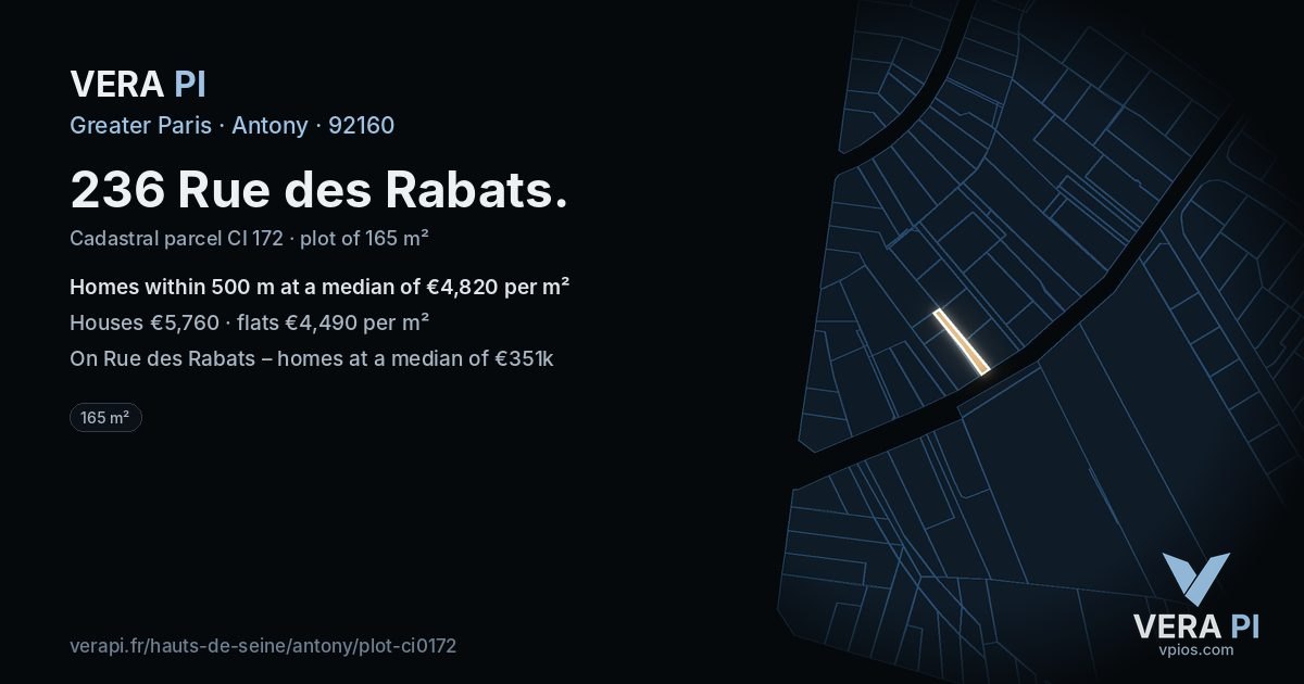 236 Rue des Rabats, Antony at night – the plot lit, the parcels around coloured by the prices near them