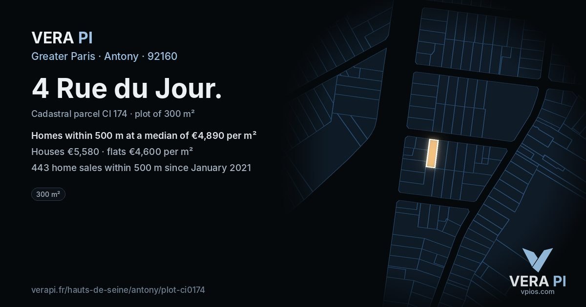 4 Rue du Jour, Antony at night – the plot lit, the parcels around coloured by the prices near them