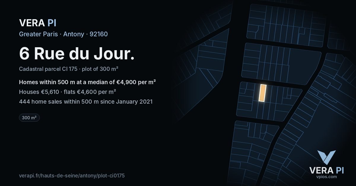 6 Rue du Jour, Antony at night – the plot lit, the parcels around coloured by the prices near them