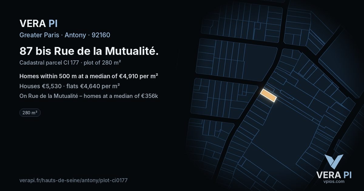 87 bis Rue de la Mutualité, Antony at night – the plot lit, the parcels around coloured by the prices near them