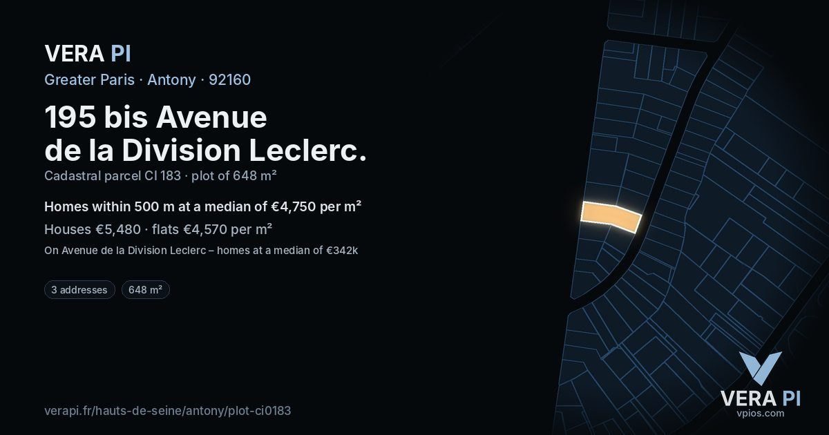 195 bis Avenue de la Division Leclerc, Antony at night – the plot lit, the parcels around coloured by the prices near them