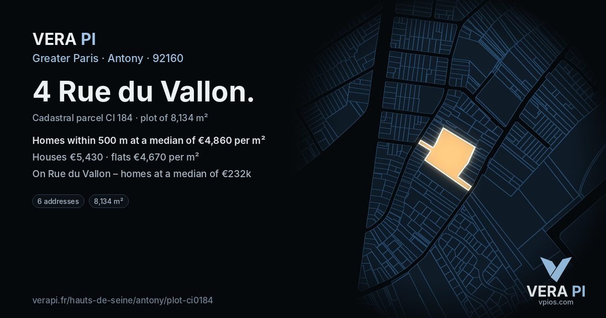 4 Rue du Vallon, Antony at night – the plot lit, the parcels around coloured by the prices near them