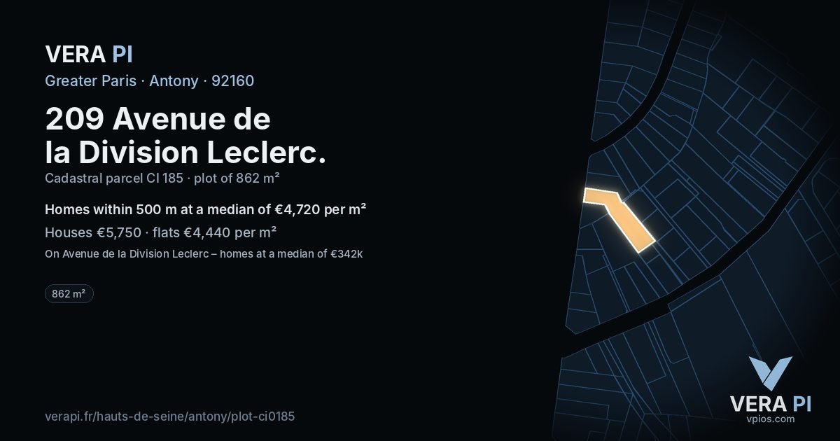 209 Avenue de la Division Leclerc, Antony at night – the plot lit, the parcels around coloured by the prices near them