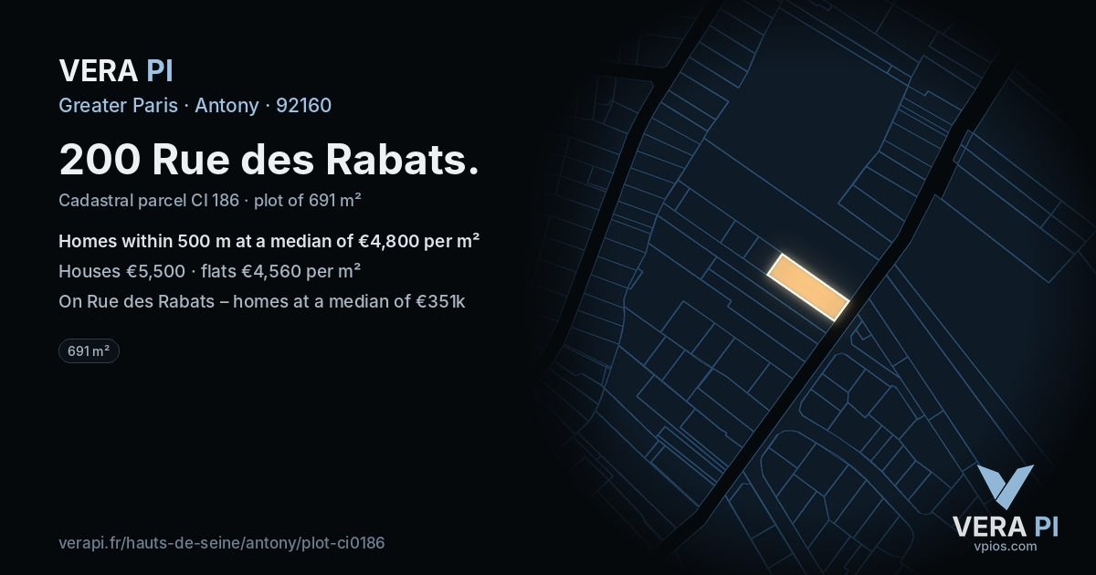 200 Rue des Rabats, Antony at night – the plot lit, the parcels around coloured by the prices near them