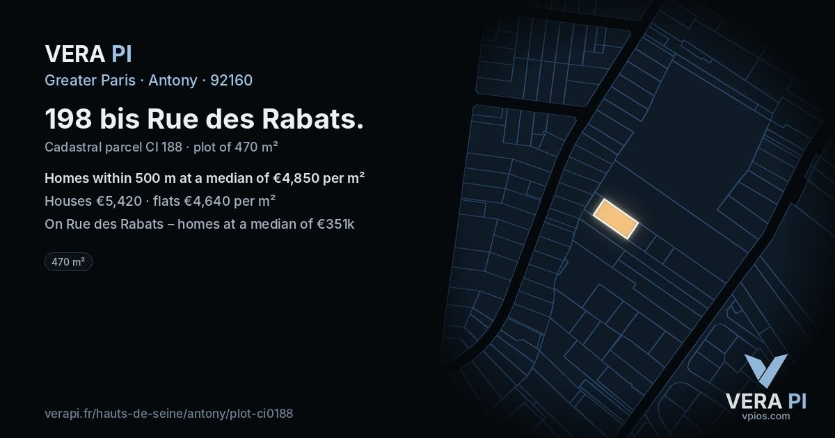 198 bis Rue des Rabats, Antony at night – the plot lit, the parcels around coloured by the prices near them