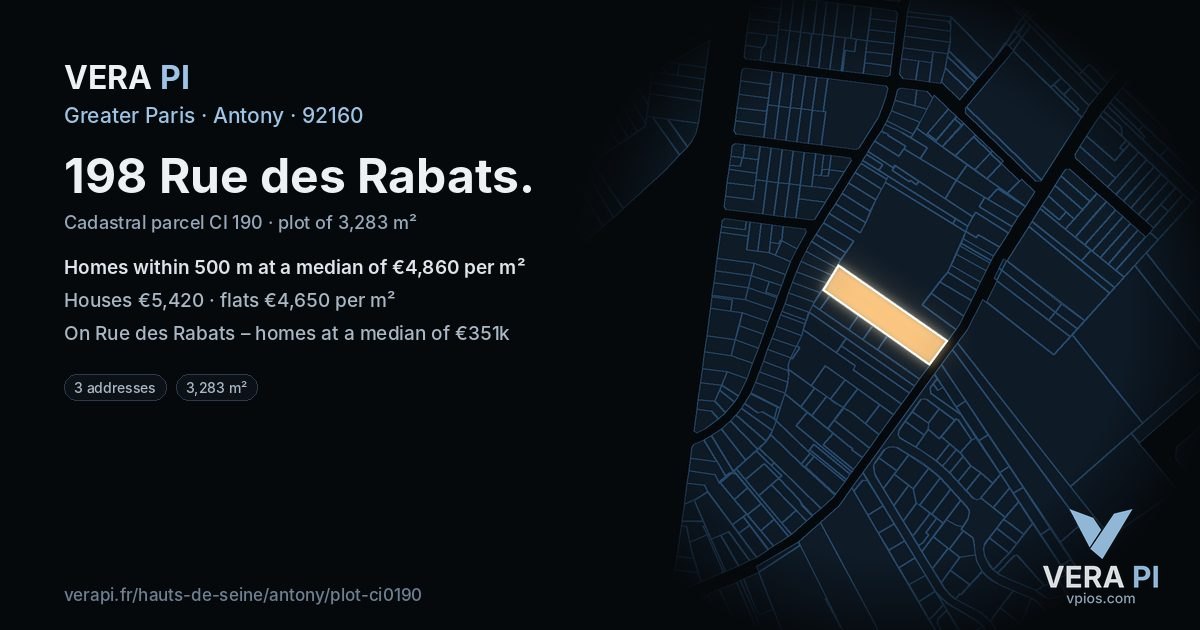 198 Rue des Rabats, Antony at night – the plot lit, the parcels around coloured by the prices near them