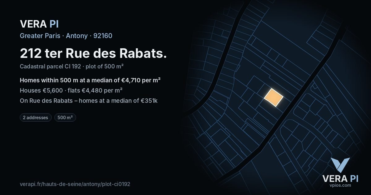 212 ter Rue des Rabats, Antony at night – the plot lit, the parcels around coloured by the prices near them