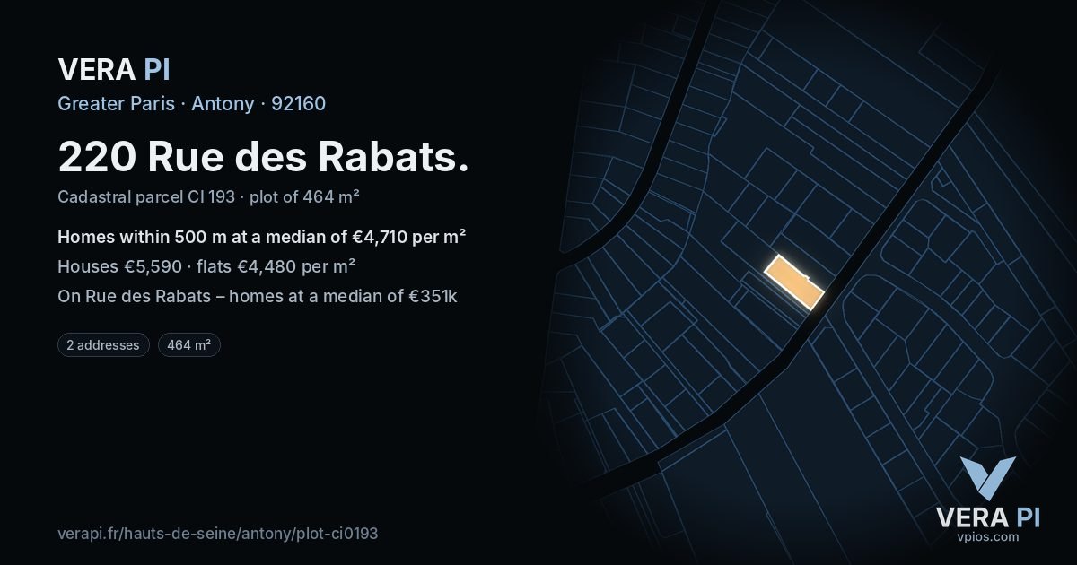 220 Rue des Rabats, Antony at night – the plot lit, the parcels around coloured by the prices near them