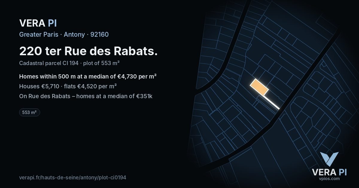 220 ter Rue des Rabats, Antony at night – the plot lit, the parcels around coloured by the prices near them