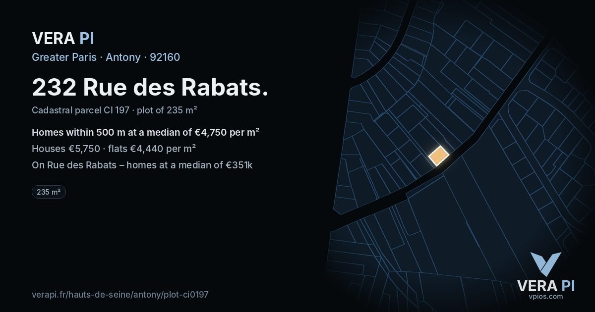 232 Rue des Rabats, Antony at night – the plot lit, the parcels around coloured by the prices near them