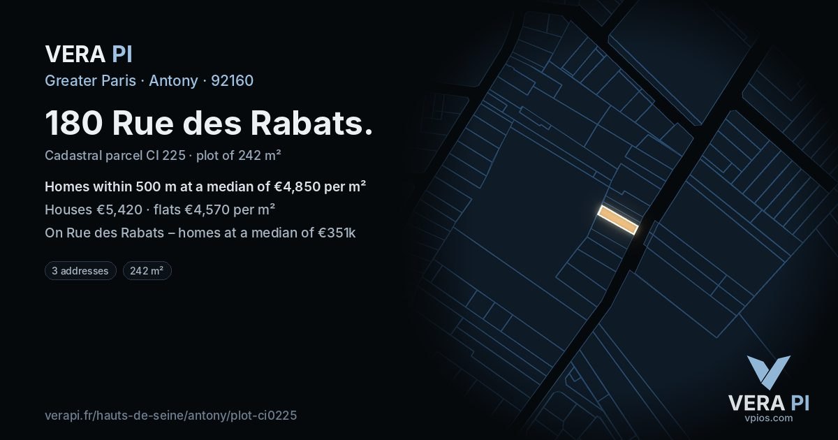 180 Rue des Rabats, Antony at night – the plot lit, the parcels around coloured by the prices near them