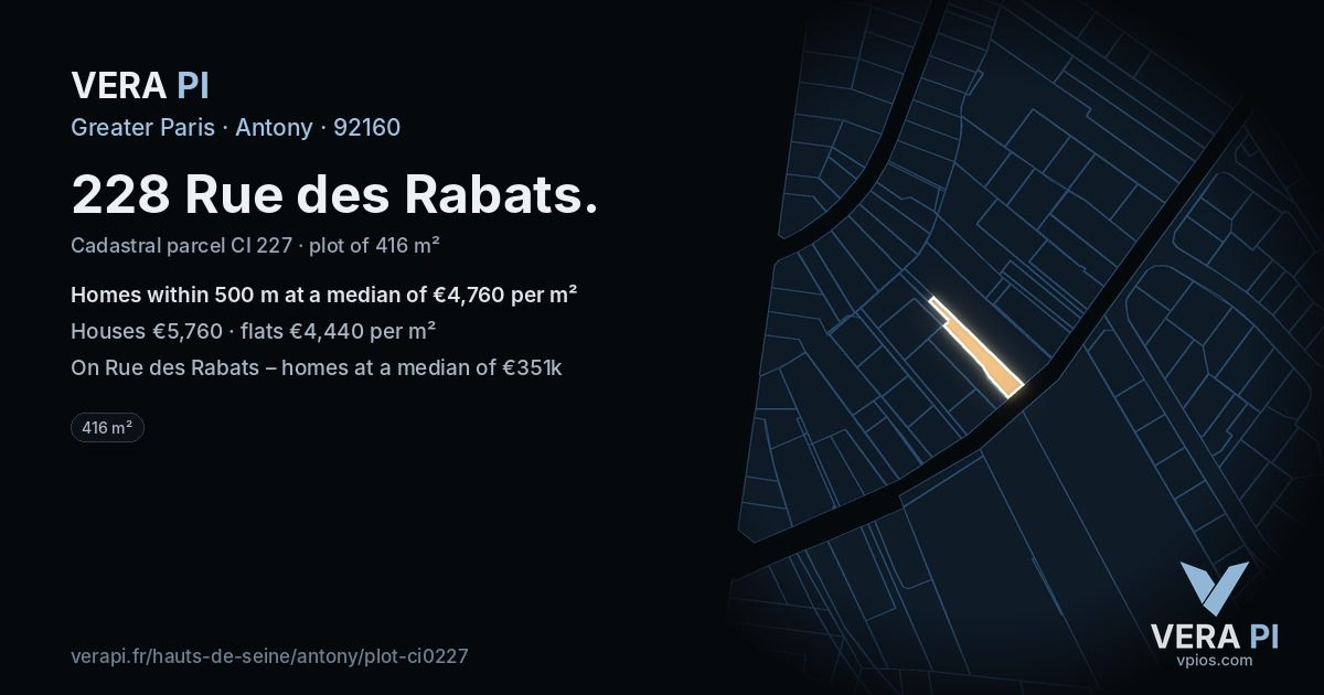 228 Rue des Rabats, Antony at night – the plot lit, the parcels around coloured by the prices near them