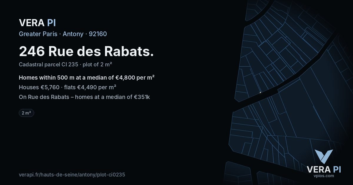 246 Rue des Rabats, Antony at night – the plot lit, the parcels around coloured by the prices near them