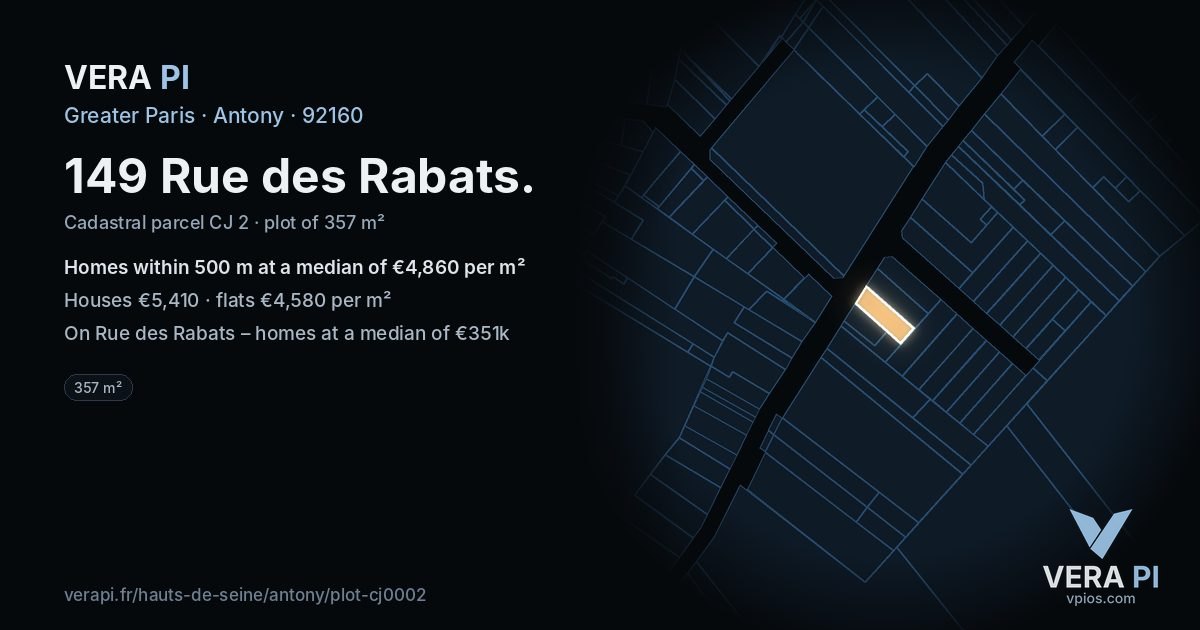 149 Rue des Rabats, Antony at night – the plot lit, the parcels around coloured by the prices near them
