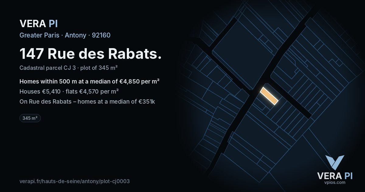 147 Rue des Rabats, Antony at night – the plot lit, the parcels around coloured by the prices near them
