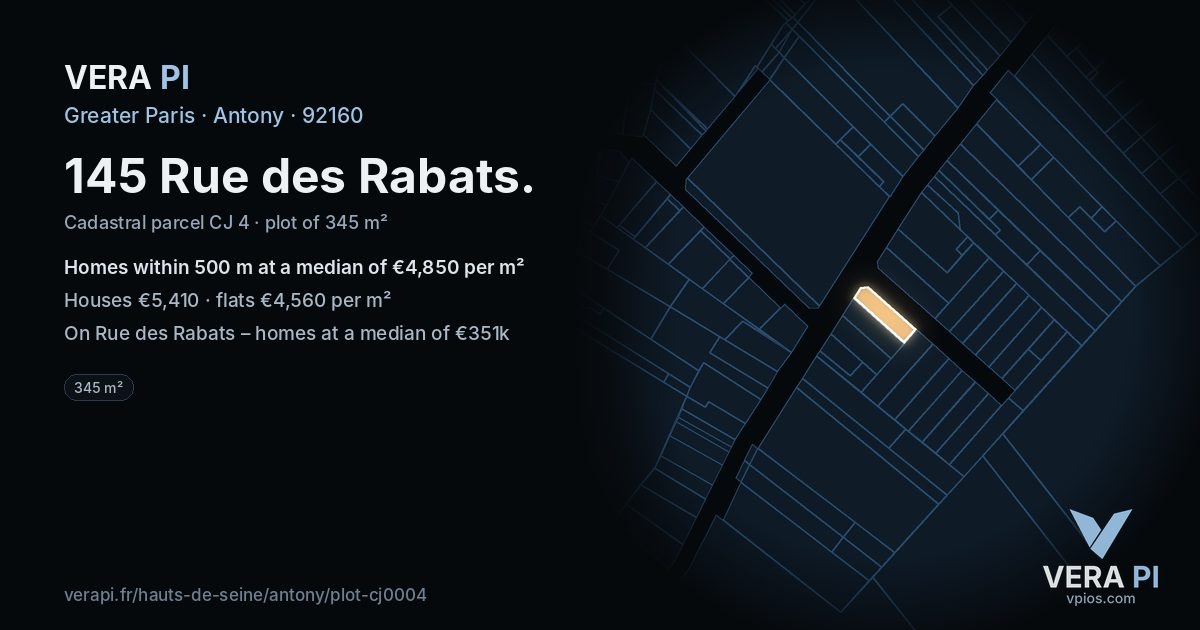 145 Rue des Rabats, Antony at night – the plot lit, the parcels around coloured by the prices near them