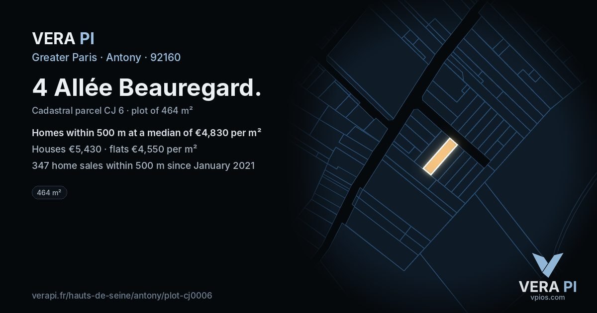 4 Allée Beauregard, Antony at night – the plot lit, the parcels around coloured by the prices near them