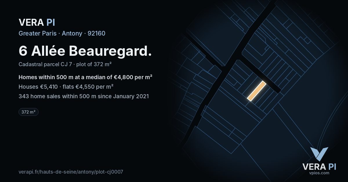 6 Allée Beauregard, Antony at night – the plot lit, the parcels around coloured by the prices near them