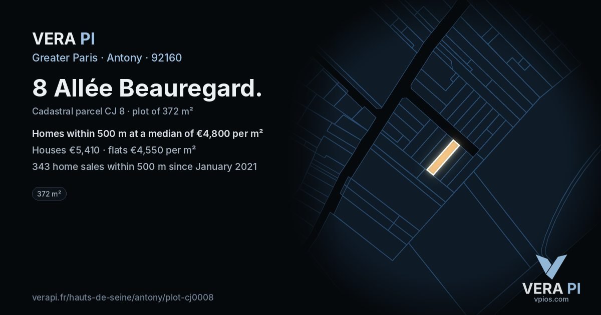 8 Allée Beauregard, Antony at night – the plot lit, the parcels around coloured by the prices near them