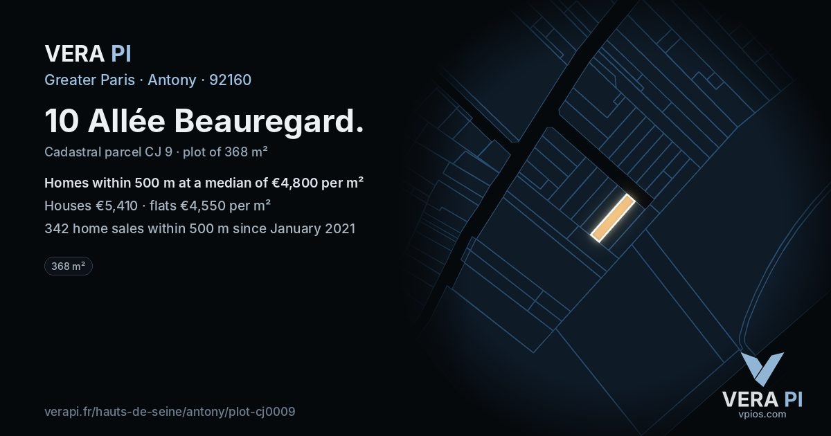 10 Allée Beauregard, Antony at night – the plot lit, the parcels around coloured by the prices near them