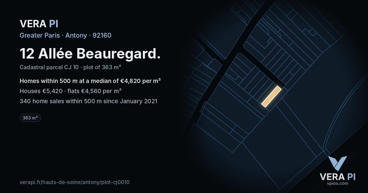 12 Allée Beauregard, Antony at night – the plot lit, the parcels around coloured by the prices near them