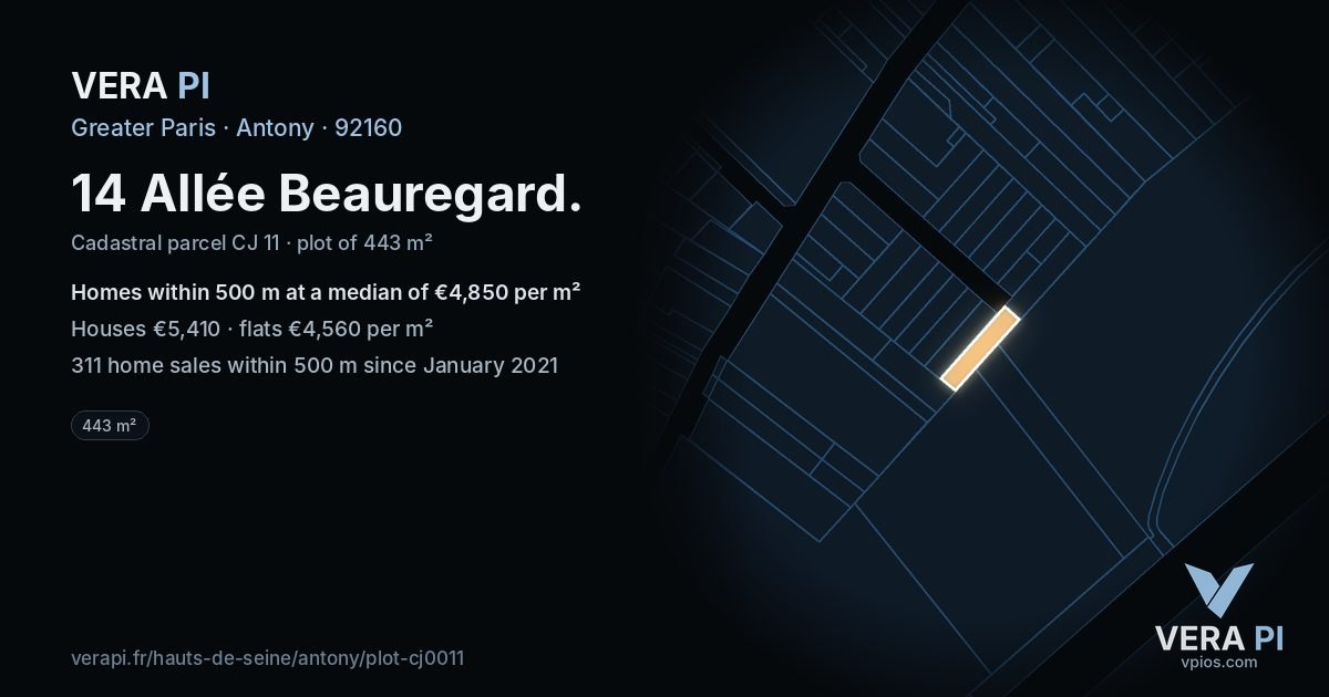 14 Allée Beauregard, Antony at night – the plot lit, the parcels around coloured by the prices near them