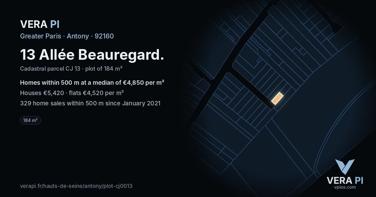 13 Allée Beauregard, Antony at night – the plot lit, the parcels around coloured by the prices near them