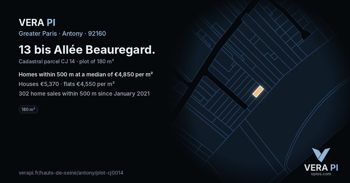 13 bis Allée Beauregard, Antony at night – the plot lit, the parcels around coloured by the prices near them