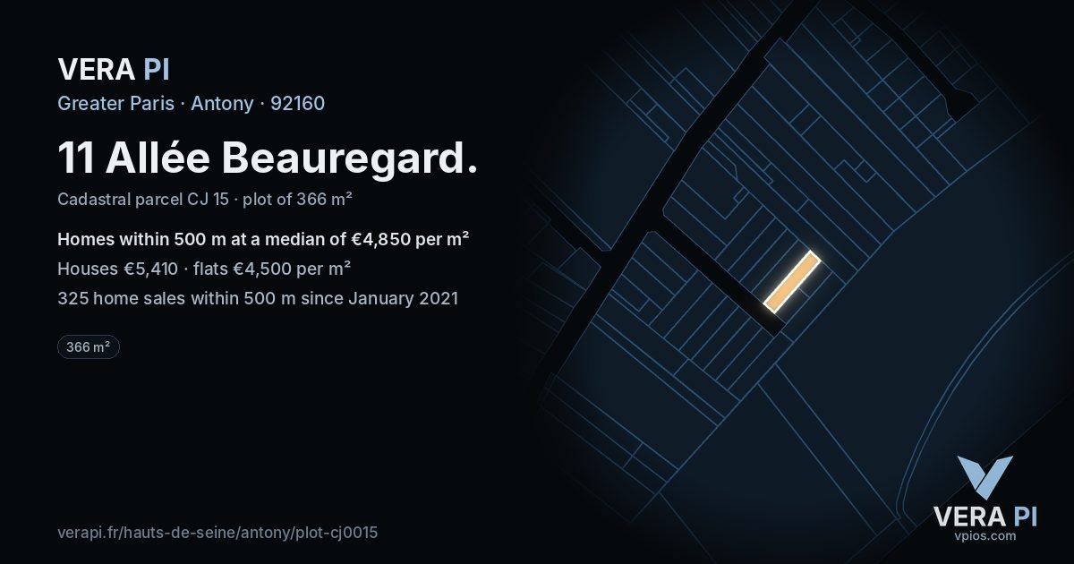 11 Allée Beauregard, Antony at night – the plot lit, the parcels around coloured by the prices near them