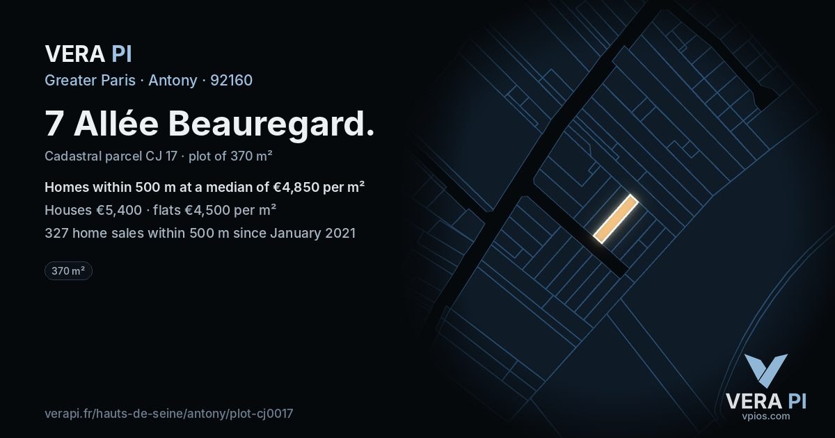 7 Allée Beauregard, Antony at night – the plot lit, the parcels around coloured by the prices near them