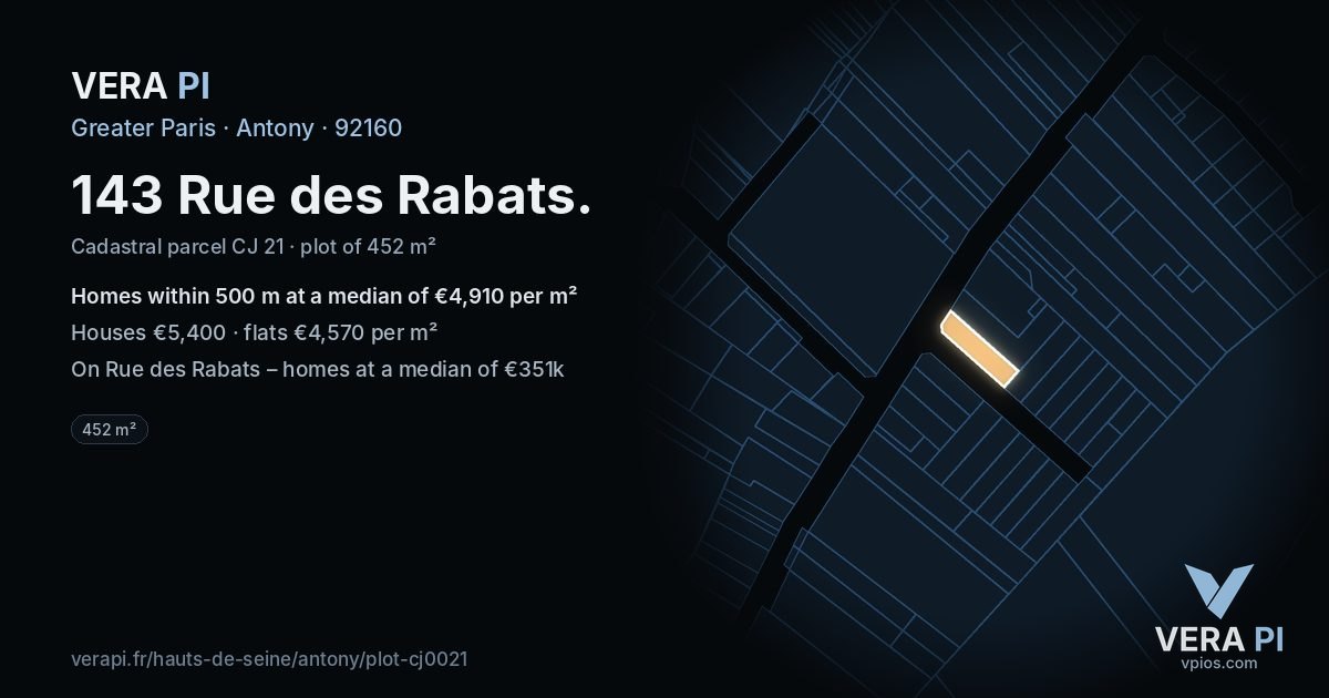143 Rue des Rabats, Antony at night – the plot lit, the parcels around coloured by the prices near them