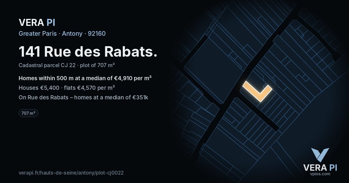 141 Rue des Rabats, Antony at night – the plot lit, the parcels around coloured by the prices near them