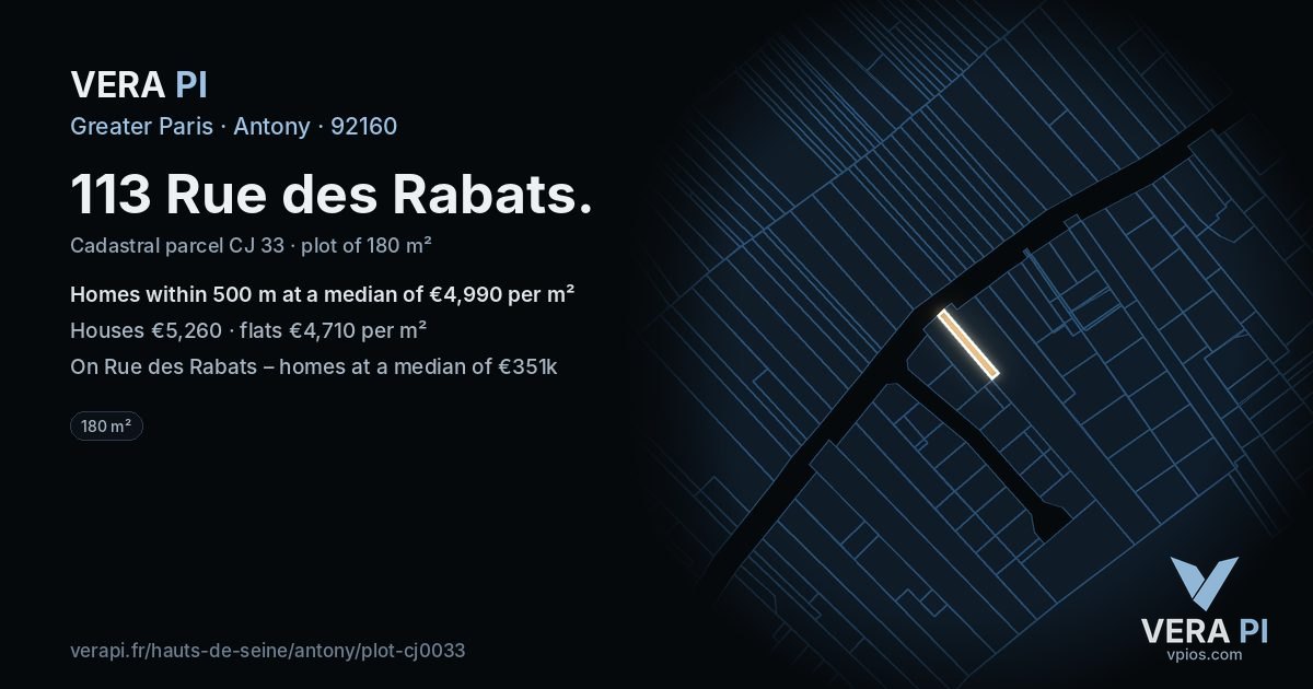 113 Rue des Rabats, Antony at night – the plot lit, the parcels around coloured by the prices near them
