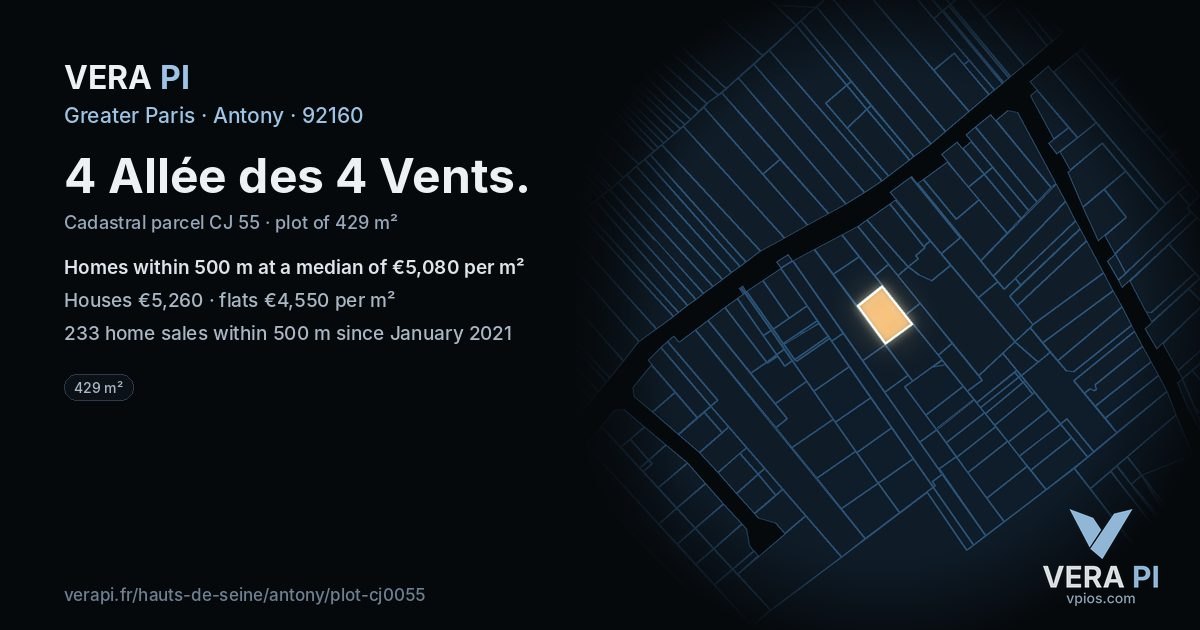 4 Allée des 4 Vents, Antony at night – the plot lit, the parcels around coloured by the prices near them