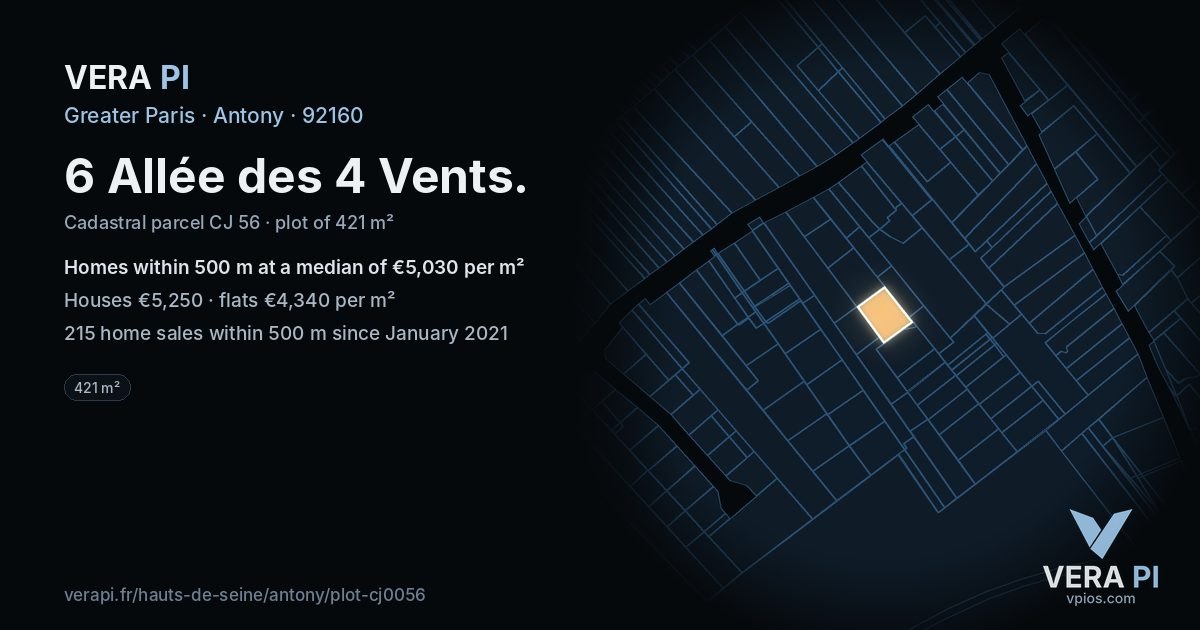 6 Allée des 4 Vents, Antony at night – the plot lit, the parcels around coloured by the prices near them