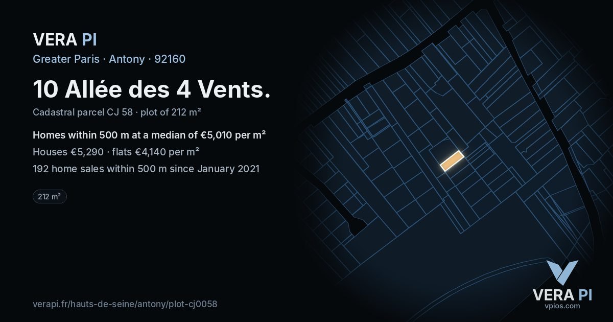 10 Allée des 4 Vents, Antony at night – the plot lit, the parcels around coloured by the prices near them