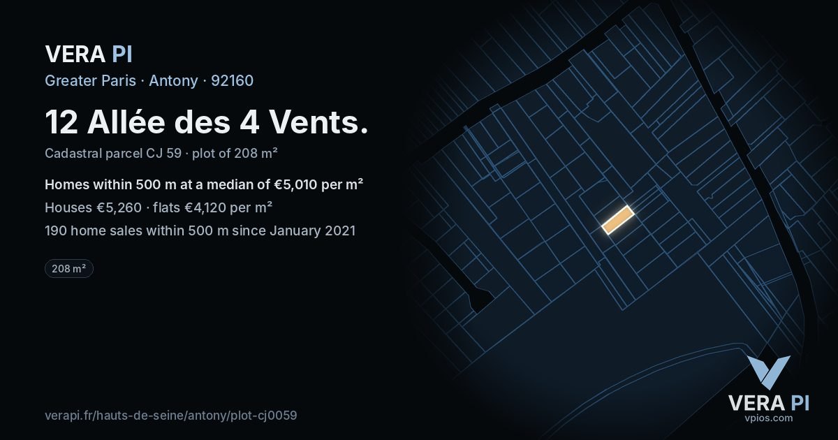 12 Allée des 4 Vents, Antony at night – the plot lit, the parcels around coloured by the prices near them