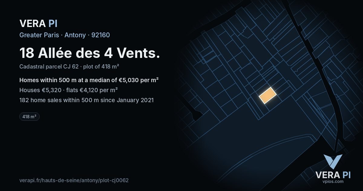 18 Allée des 4 Vents, Antony at night – the plot lit, the parcels around coloured by the prices near them