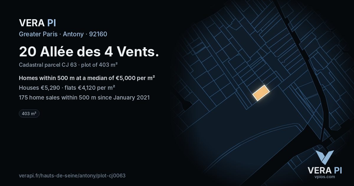 20 Allée des 4 Vents, Antony at night – the plot lit, the parcels around coloured by the prices near them