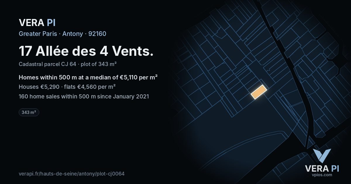 17 Allée des 4 Vents, Antony at night – the plot lit, the parcels around coloured by the prices near them