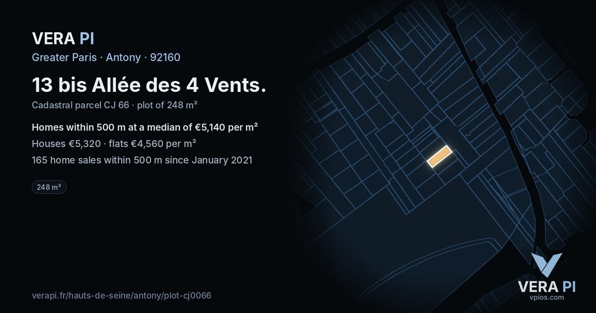 13 bis Allée des 4 Vents, Antony at night – the plot lit, the parcels around coloured by the prices near them