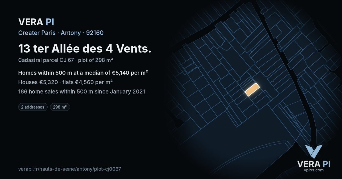 13 ter Allée des 4 Vents, Antony at night – the plot lit, the parcels around coloured by the prices near them