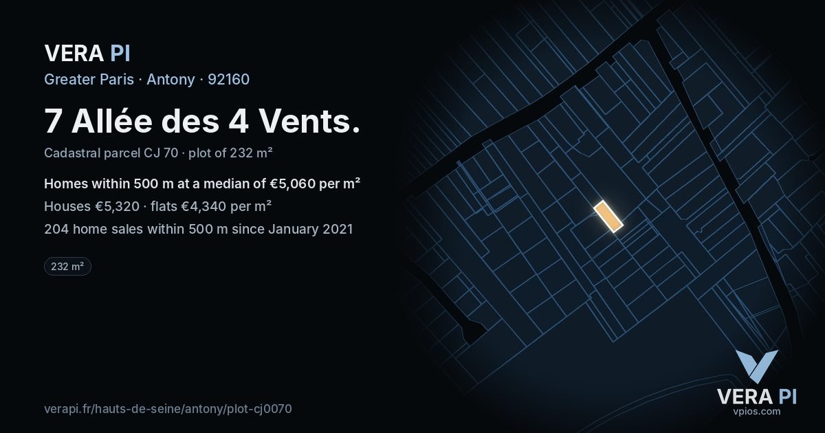 7 Allée des 4 Vents, Antony at night – the plot lit, the parcels around coloured by the prices near them