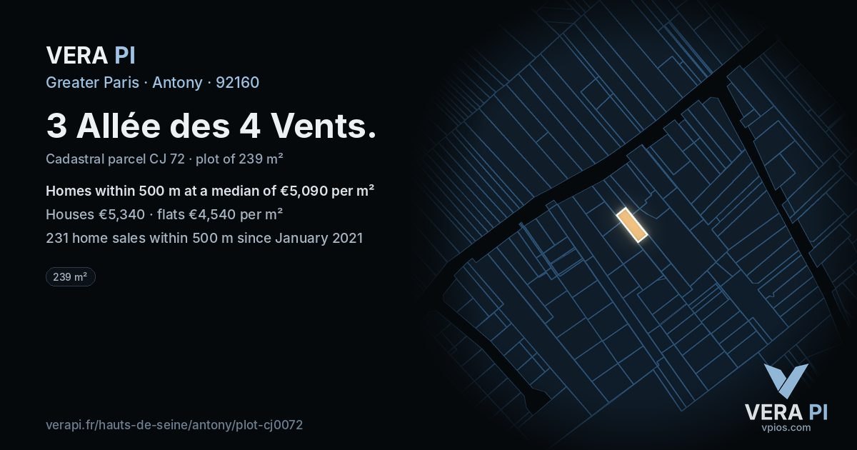 3 Allée des 4 Vents, Antony at night – the plot lit, the parcels around coloured by the prices near them